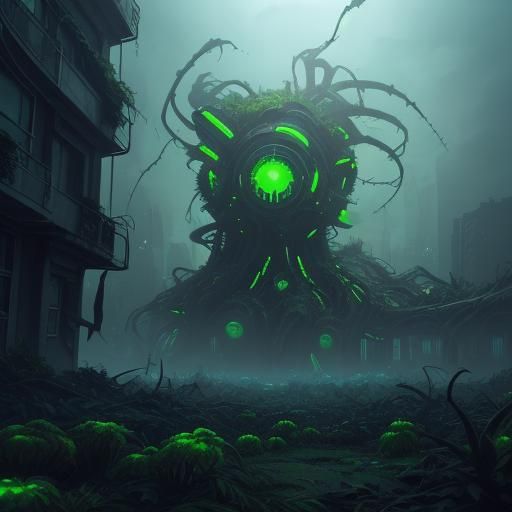 Grotesque Plant Creature Wraps Ruined City in Sci-Fi Art