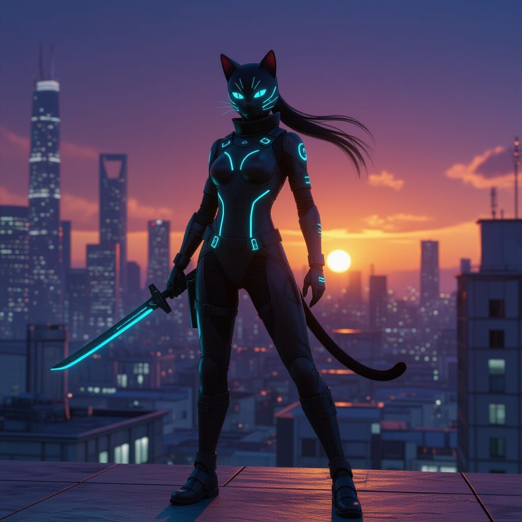 Ninja Cat-Human Hybrid in Cyberpunk Cityscape