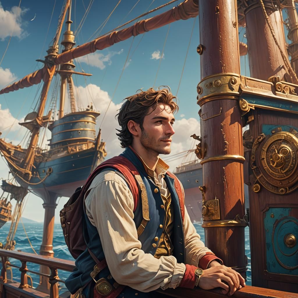 Young Man on Ship: 19th Century Illustration