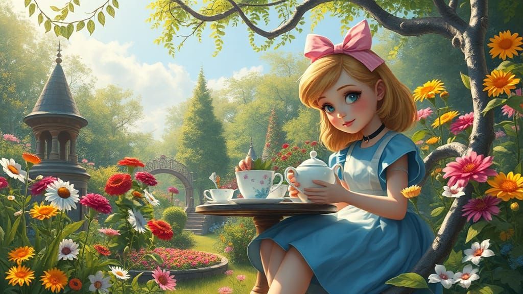 Alice in Wonderland Tea Party: Surreal Oil Painting