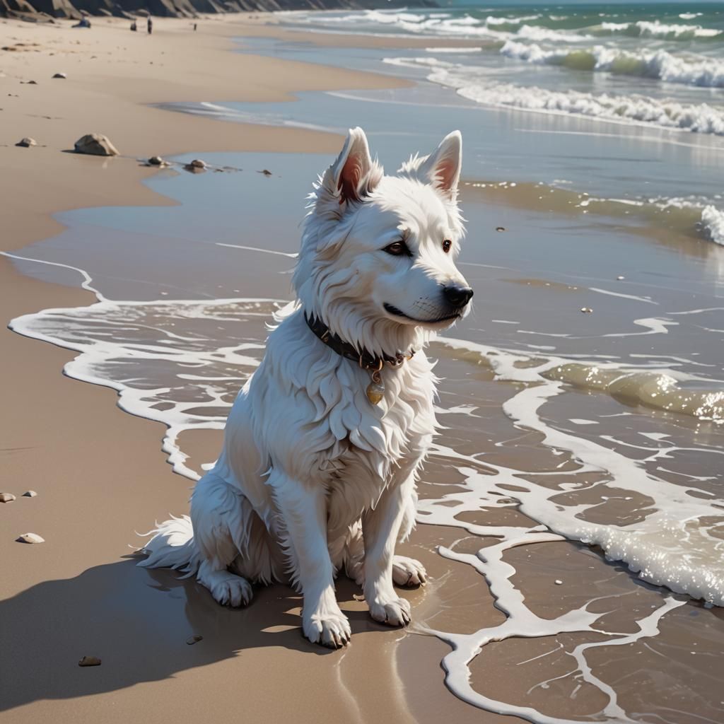 Fluffy Dog Watches Ocean: 3D Anime Art