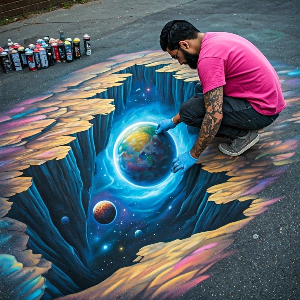 Cosmic Street Art Illusion in Hyperrealism Style