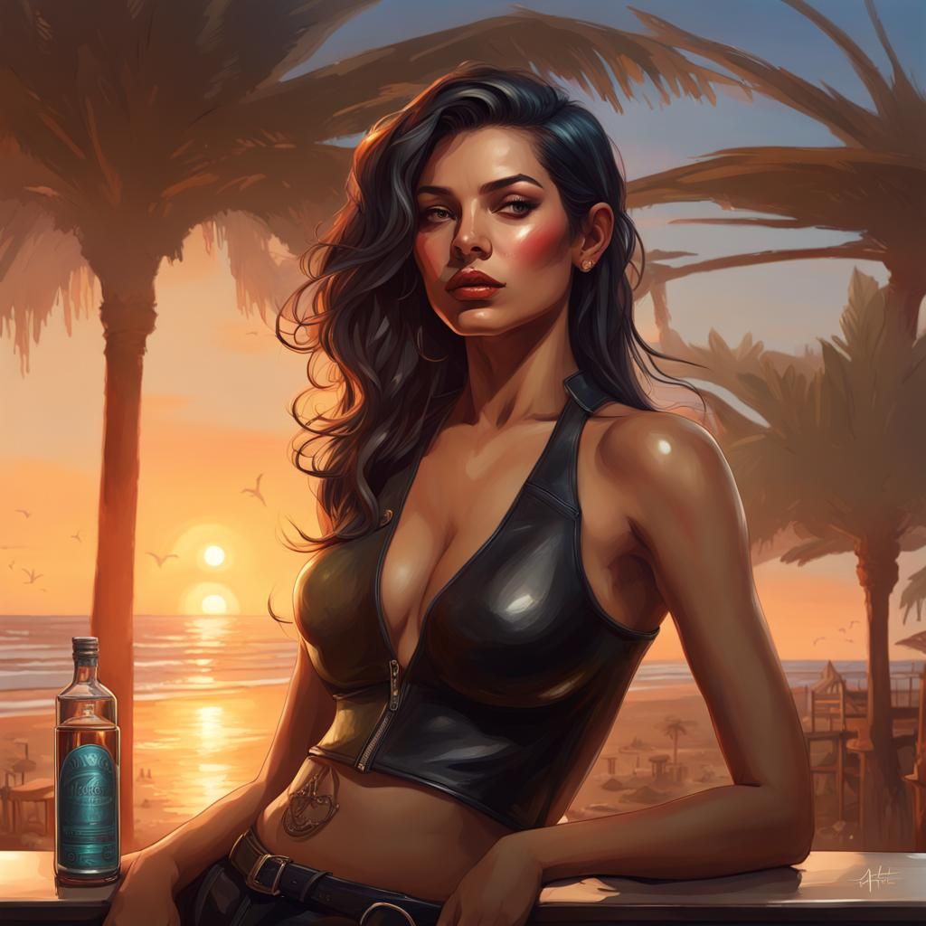 Sunset Beauty in Leather: Hyperdetailed Splash Art