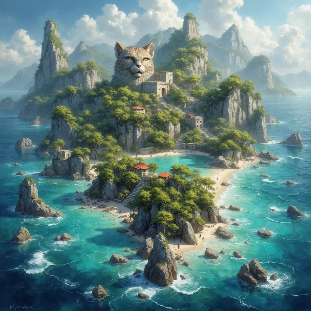 Tropical Cat Island with Lush Trees as Digital Art