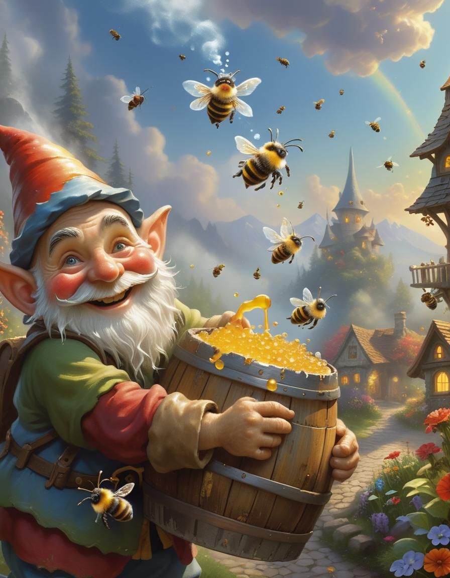 Whimsical Gnome with Honey Barrel in Ethereal Style