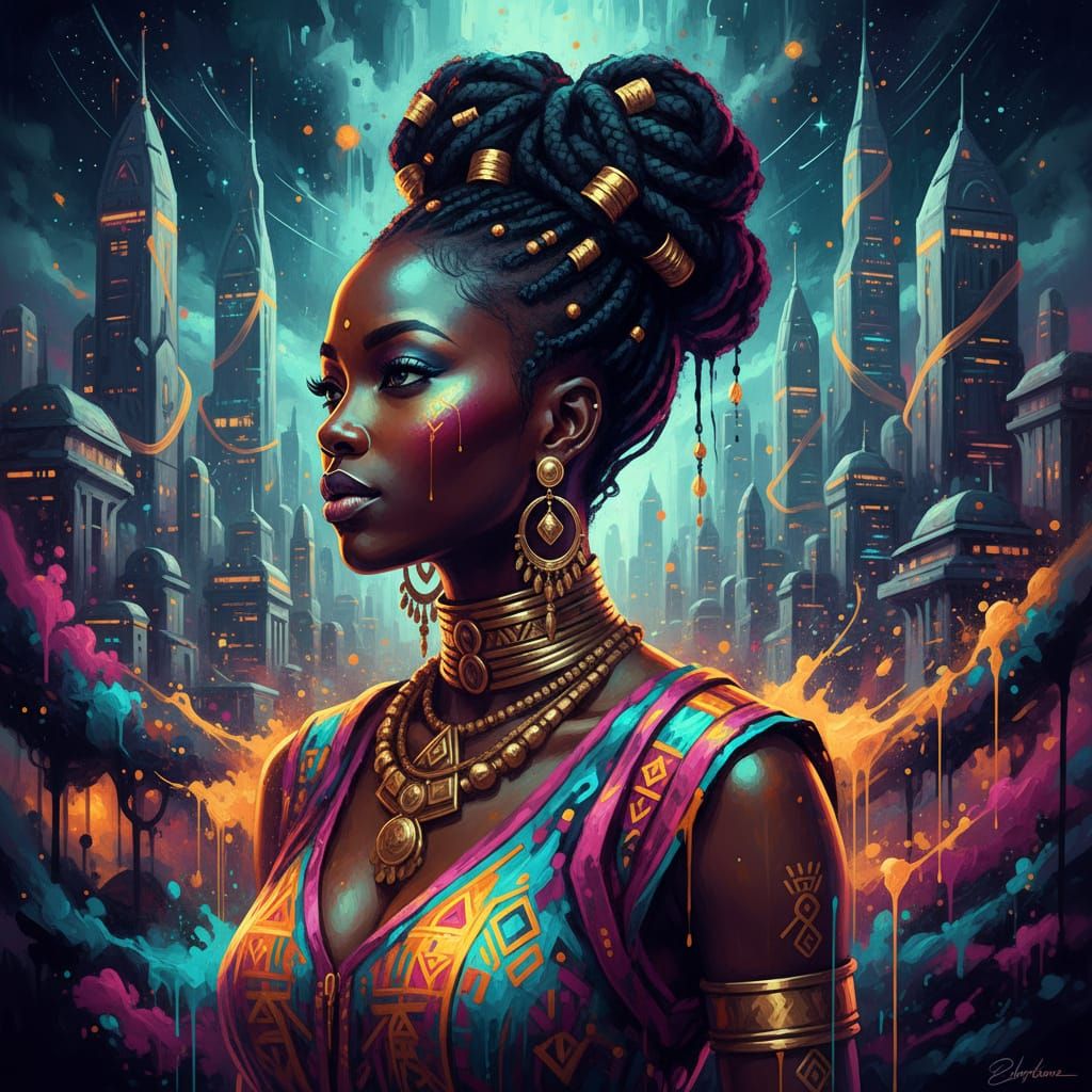 Afrofuturist Portrait: Radiant Black Woman with Gold Adornme...