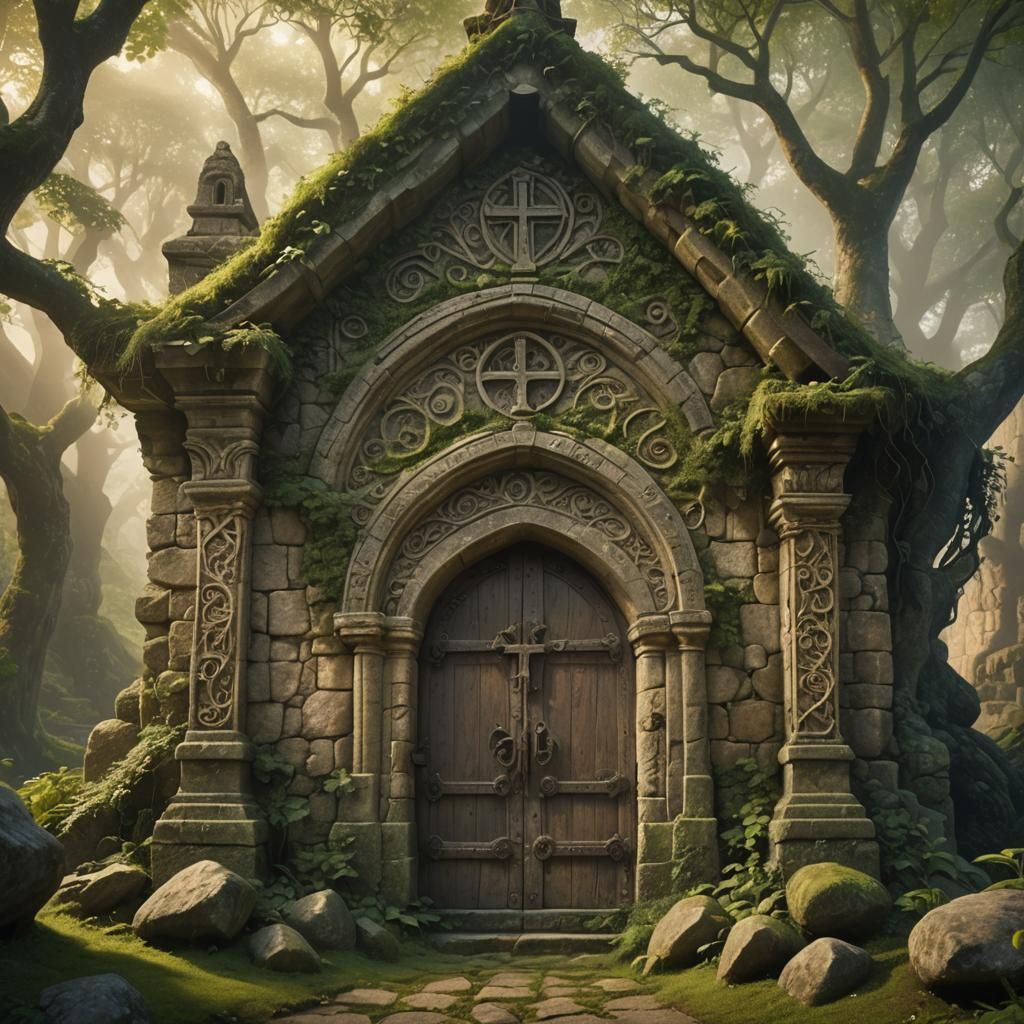 Early Medieval Chapel in Lush Forest, Digital Painting