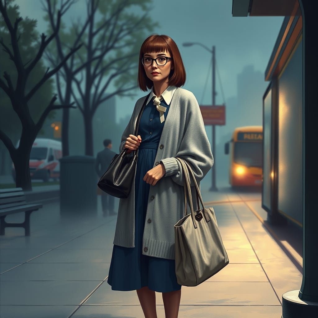 Young Woman at Bus Stop in Whimsical Fantasy Setting