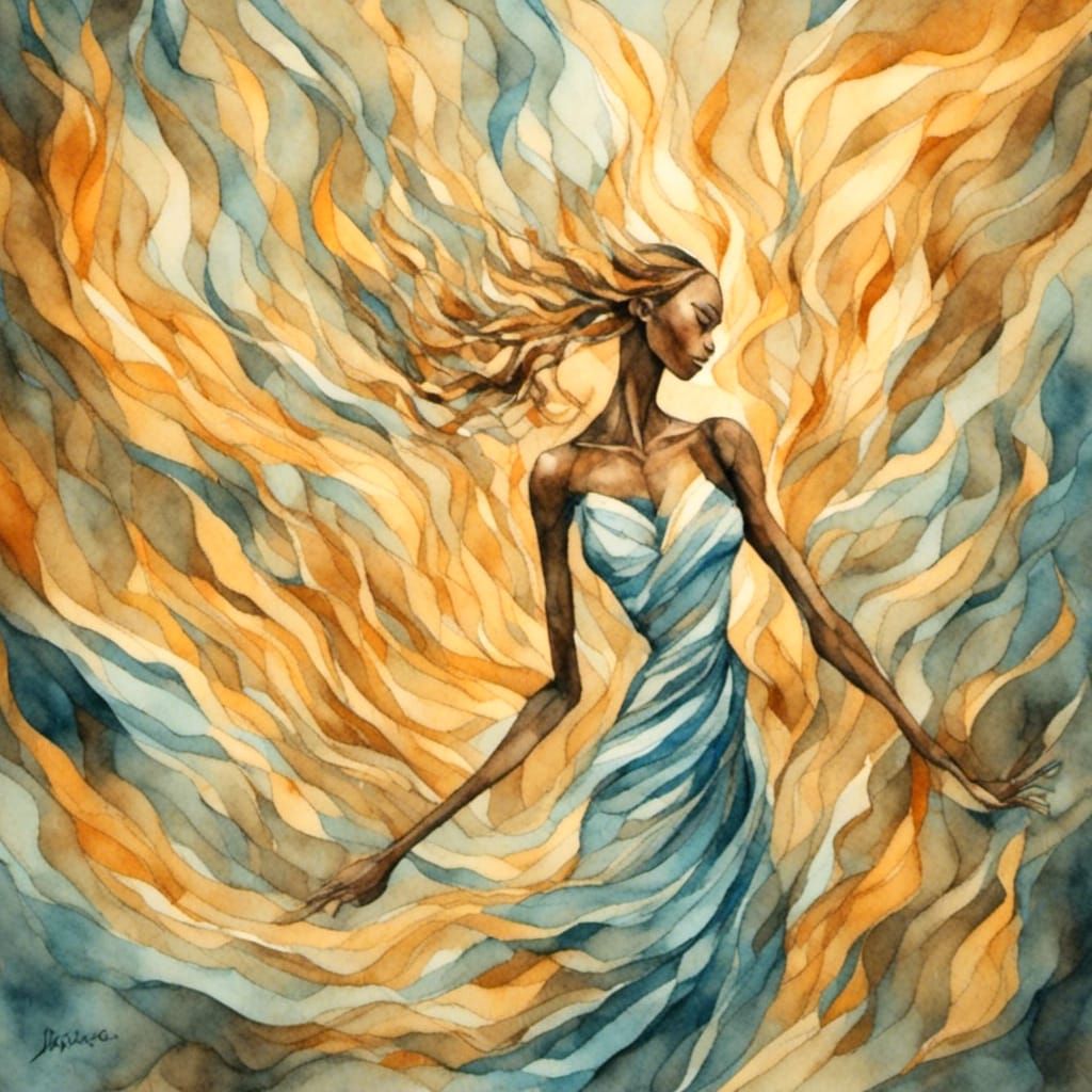 Ethereal Origami Figure Amidst Swirling Flames