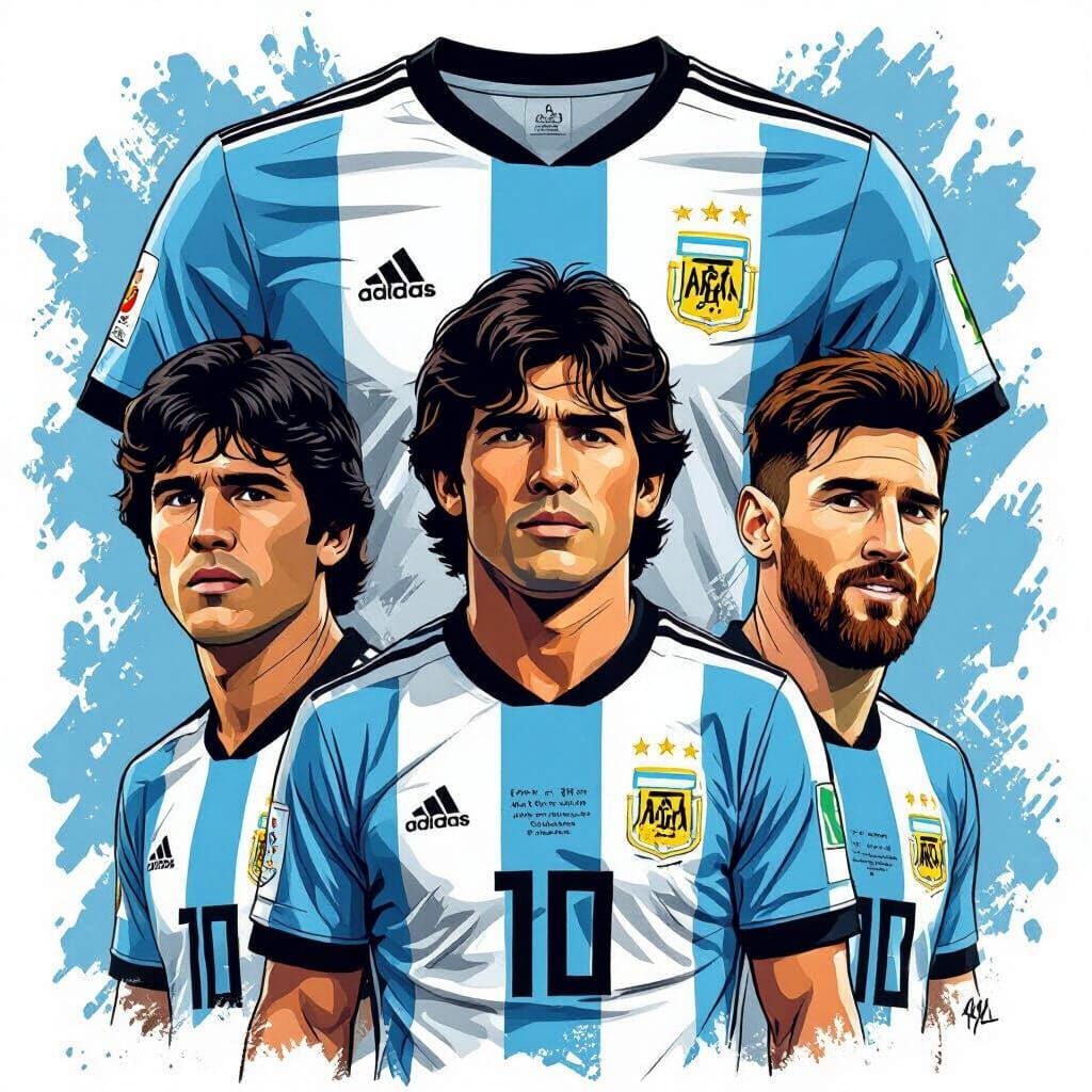 Argentina Jersey with Kempes, Maradona, and Messi in Illustr...