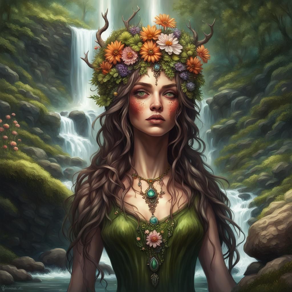 Hyperrealistic Spring Witch in Flowery Forest