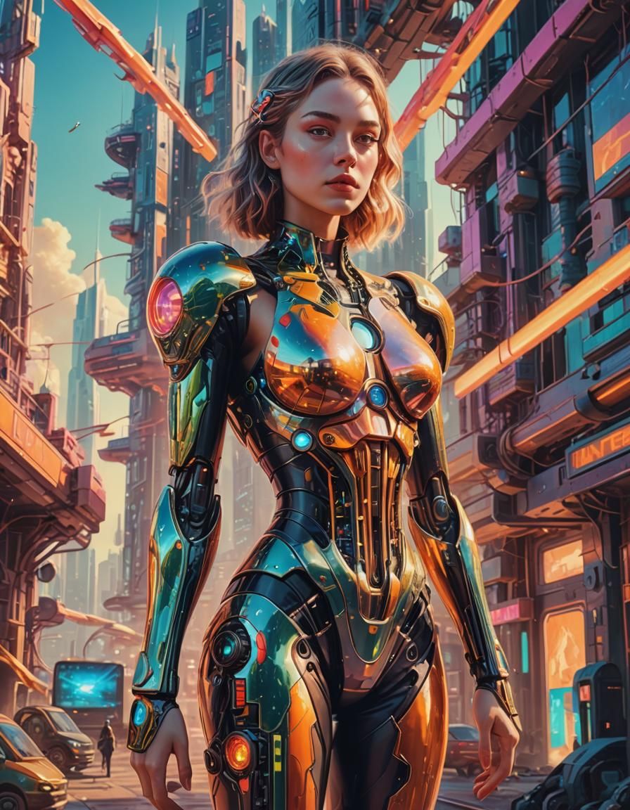 Futuristic Model with Sci-Fi Blaster in Megapolis