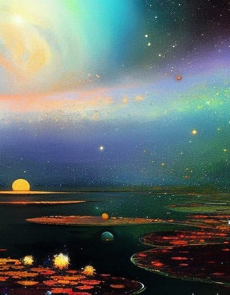 "Impressionistic Cosmic Melancholy". 16k resolution, art by Claude Monet, Disco Elysium. A sprawling cosmic vista, desol...