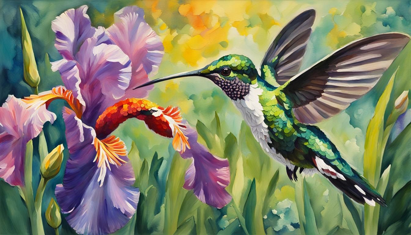 Hummingbird and Iris in Gouache Style