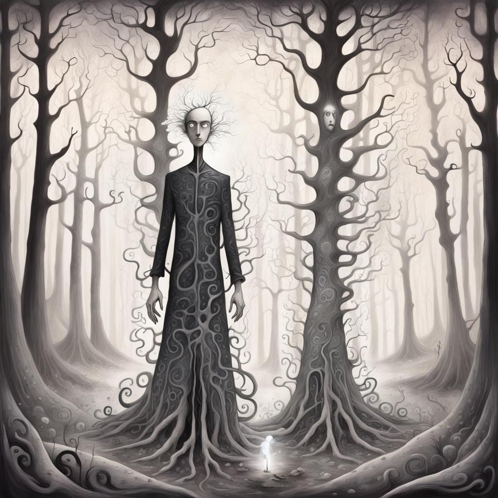 Surreal Dreamscape Portrait in Tim Burton Style