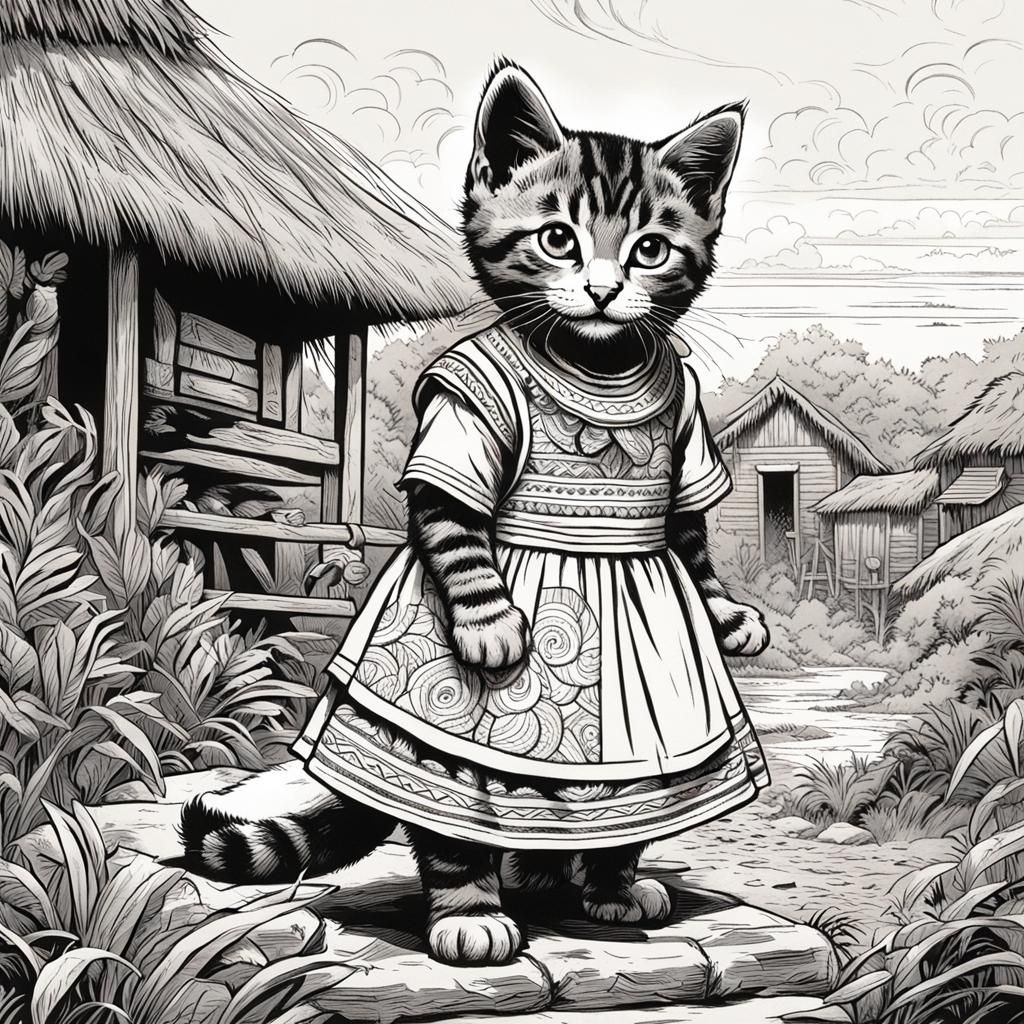 Kitten Visits Maori Village: Tenniel-Style Black and White D...