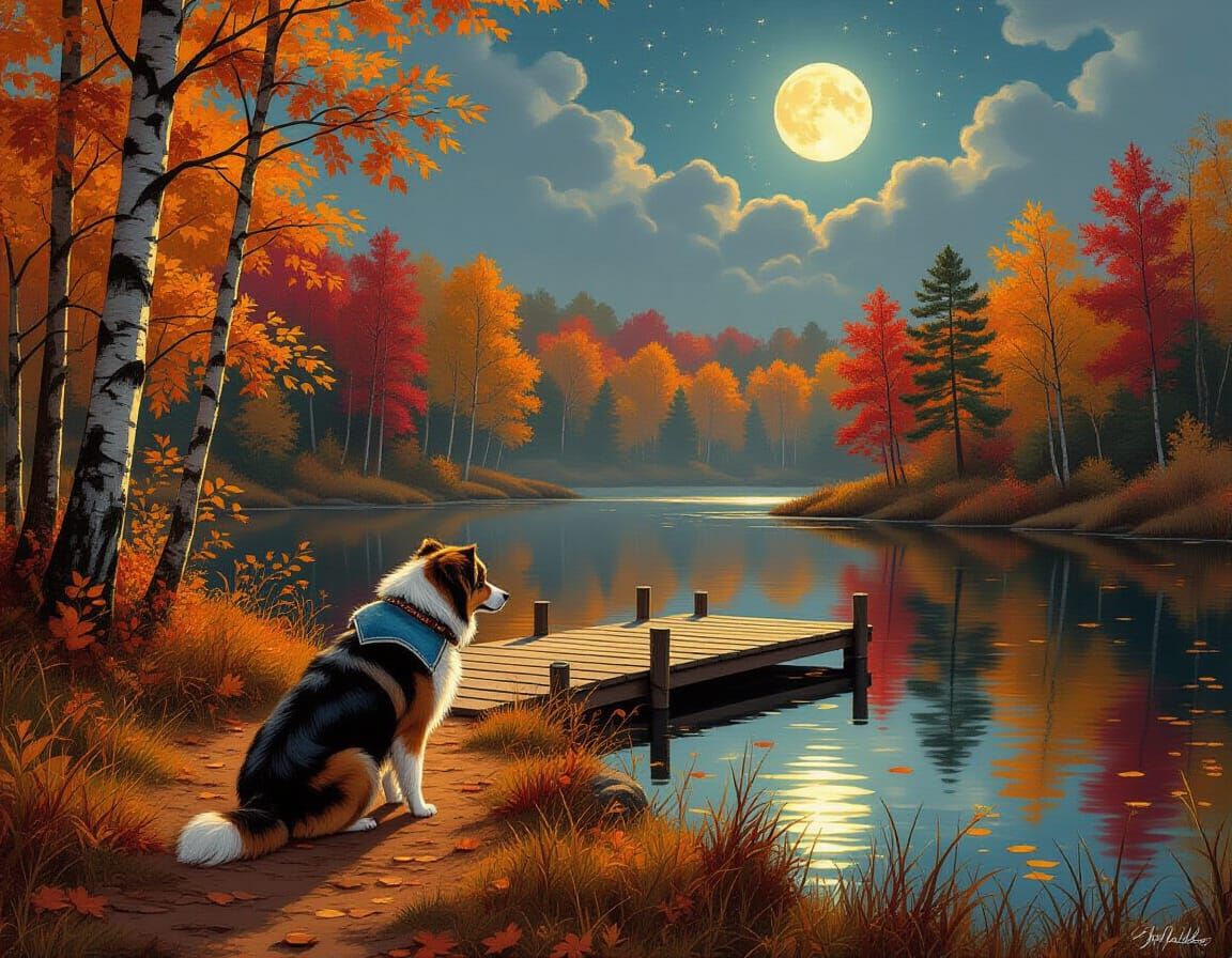 Dog in Autumn Forest Under Moonlight, Landscape Art