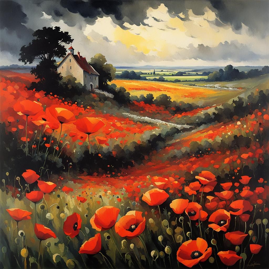 Stormy Poppy Field, Watercolor Painting