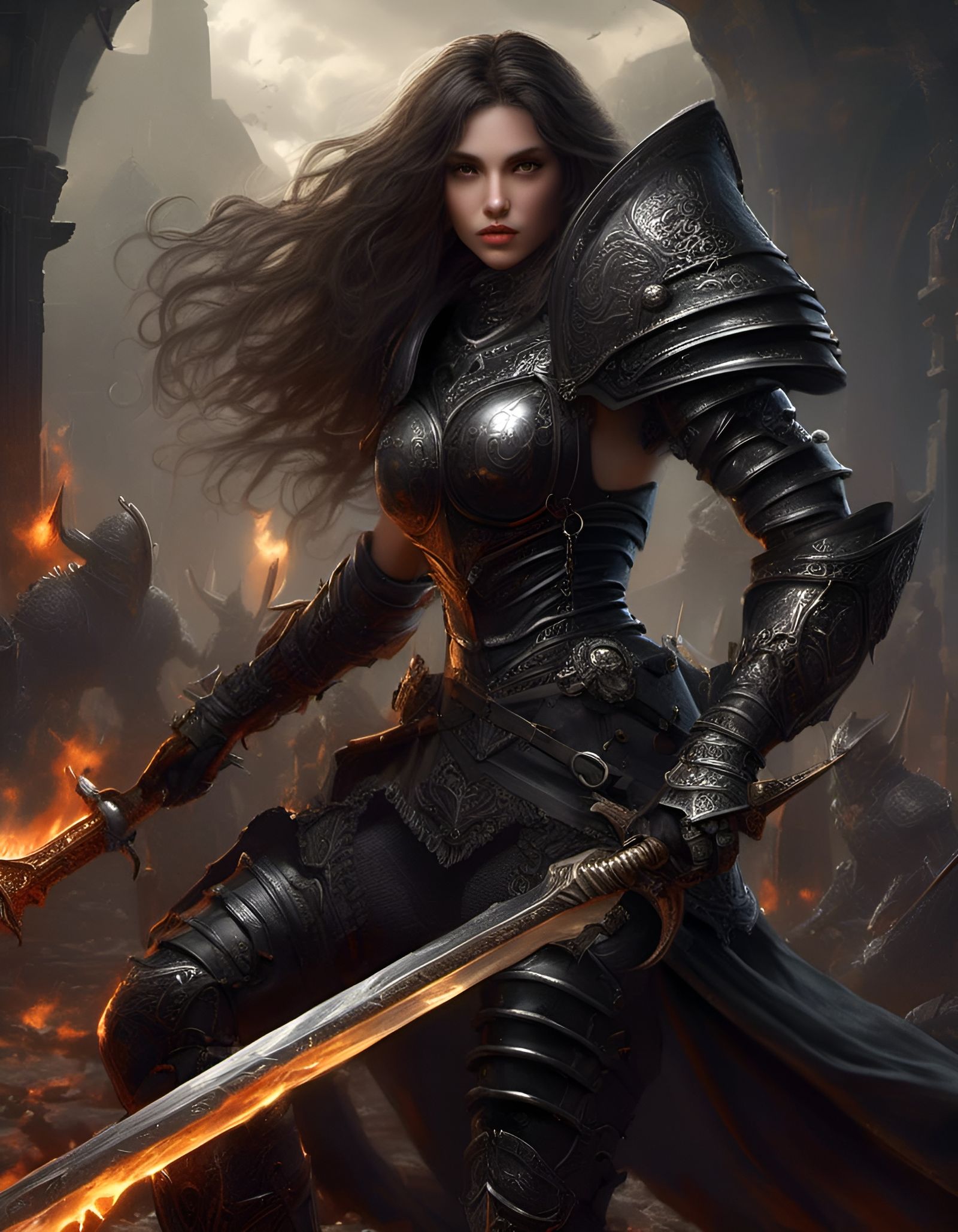 Realistic Armored Woman Warrior with Fire Sword