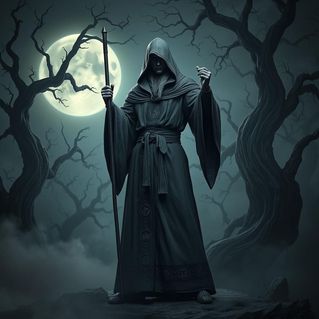 Mystical Grey Sorcerer in Haunting Landscape