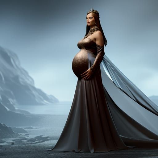 Pregnant Queen in Flowing Dress: Dark Fantasy Art