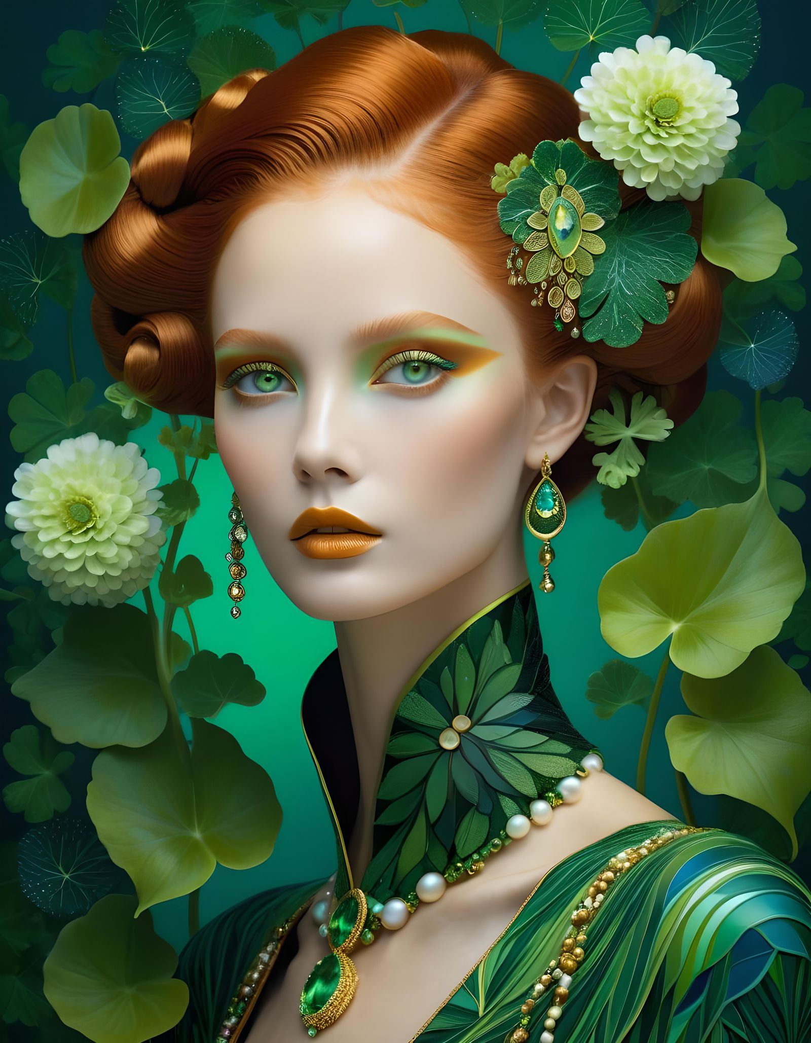 Botanical Portrait with Mosaic Jewels in Art Nouveau Style