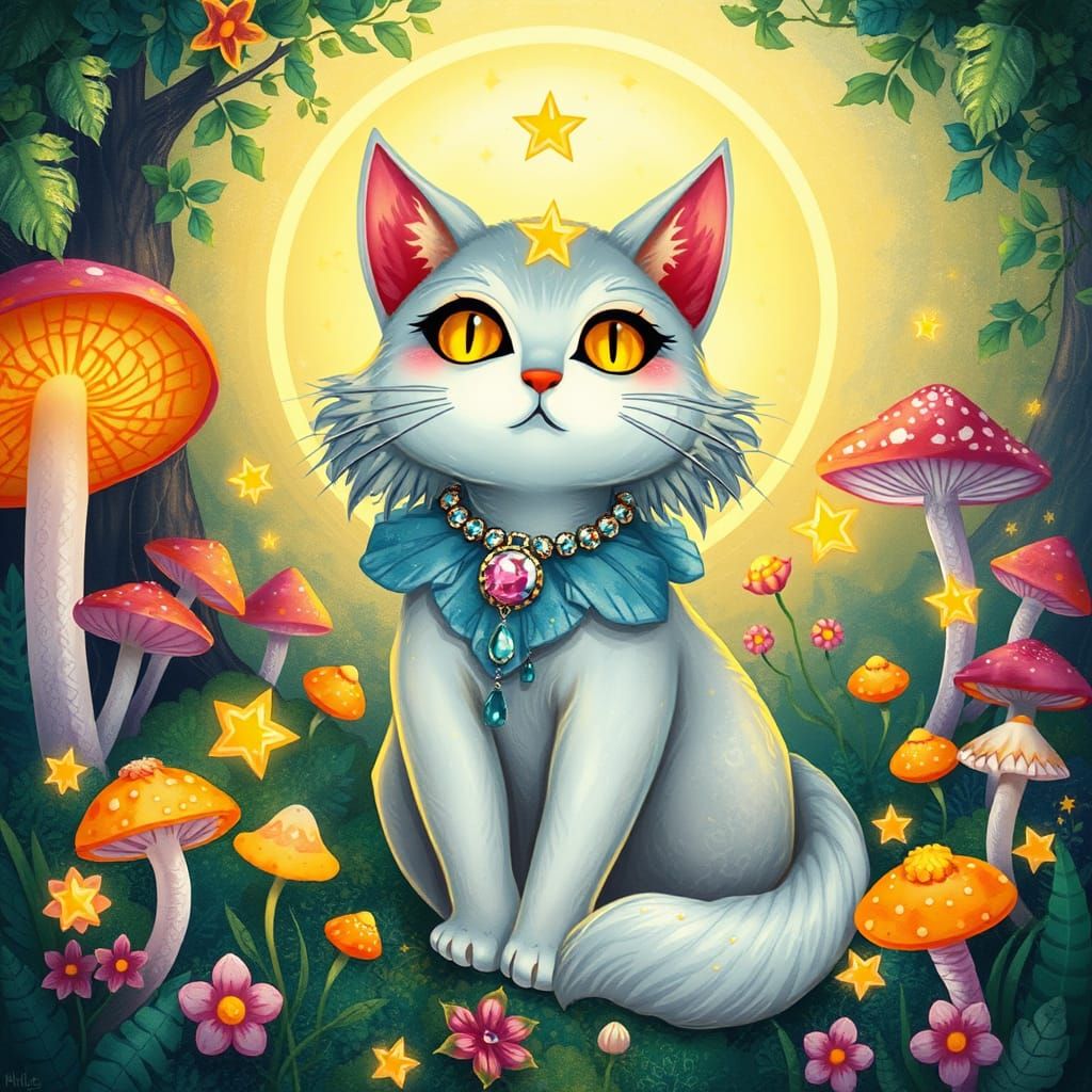 Mystical Star Cat in a Vibrant Bohemian Garden