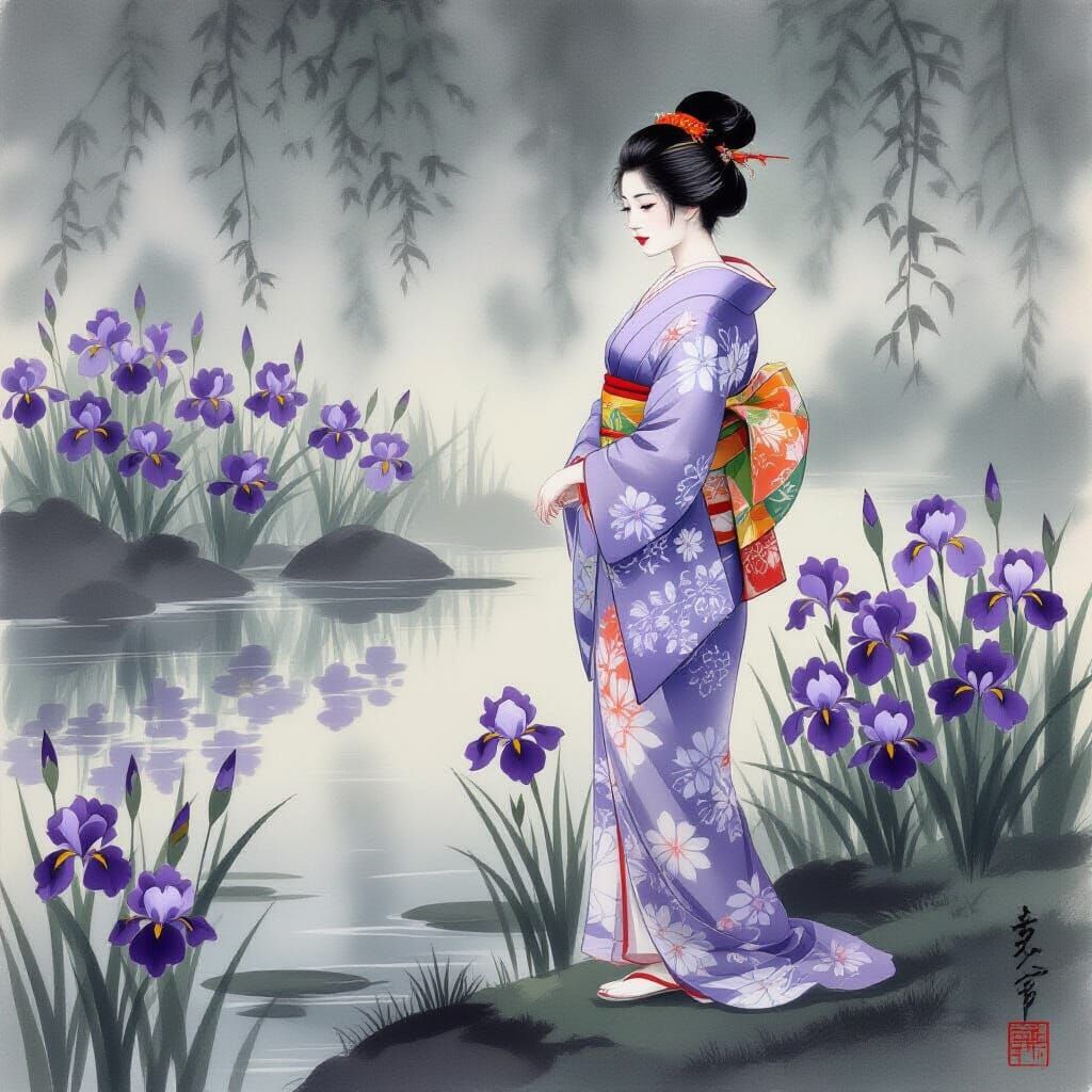 Serene Woman in Kimono by Old Pond, Ukiyo-e Style