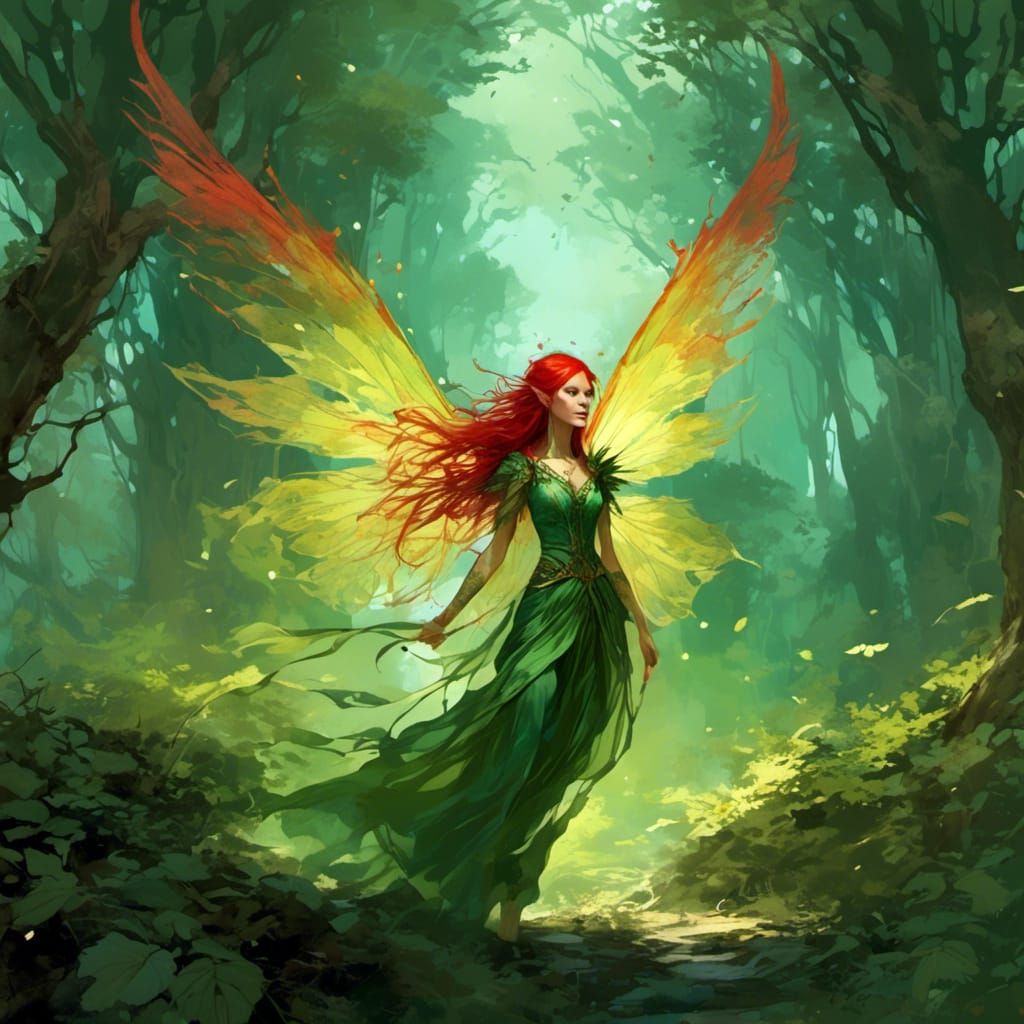 Fae Sorceress with Red Hair and Green Dress