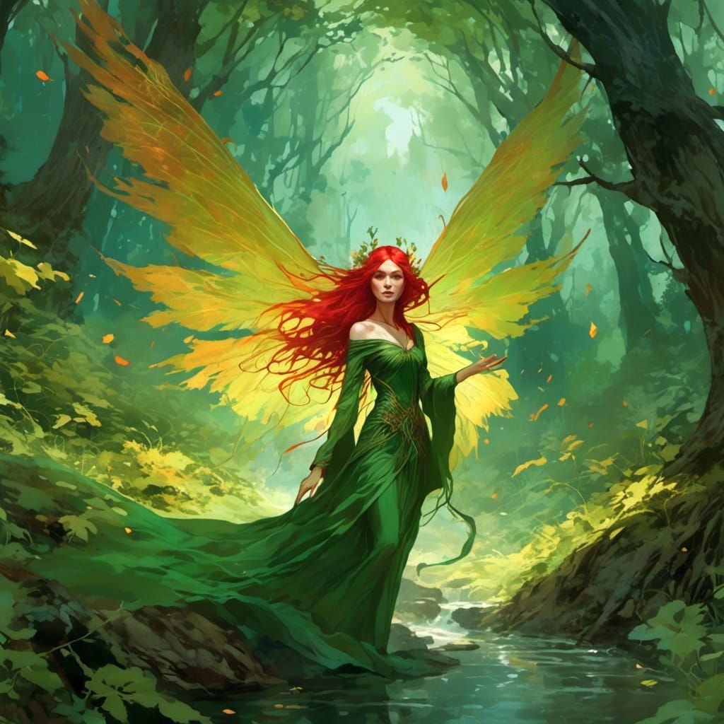Fae Sorceress with Red Hair and Green Dress