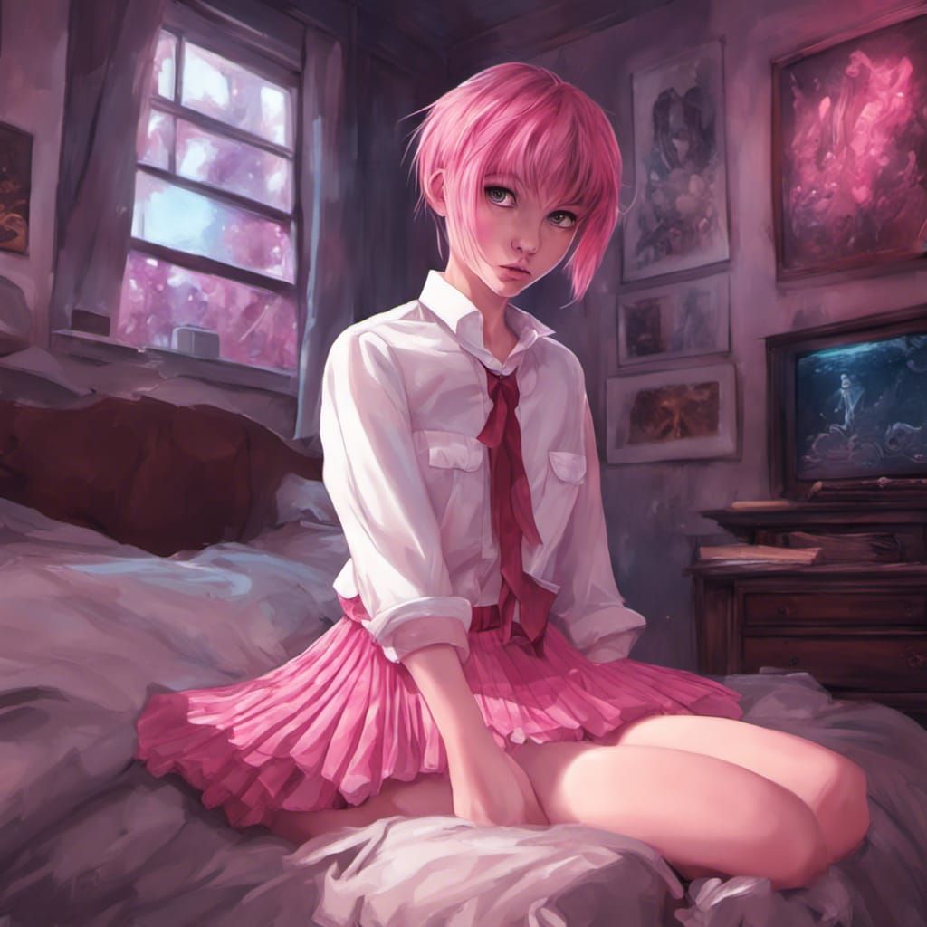 boy in short pink pleated skirt