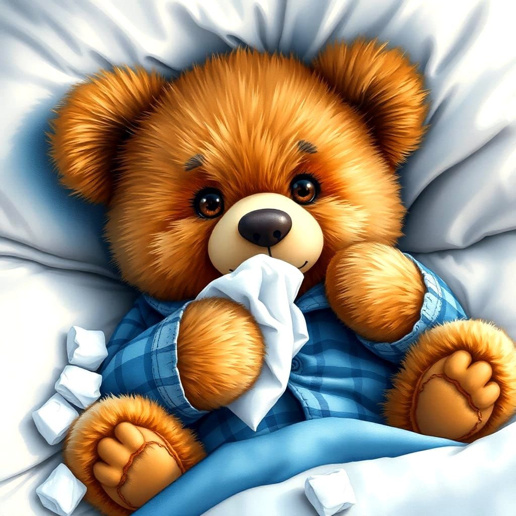 Adorable Teddy Bear in Bed, Watercolor and Ink