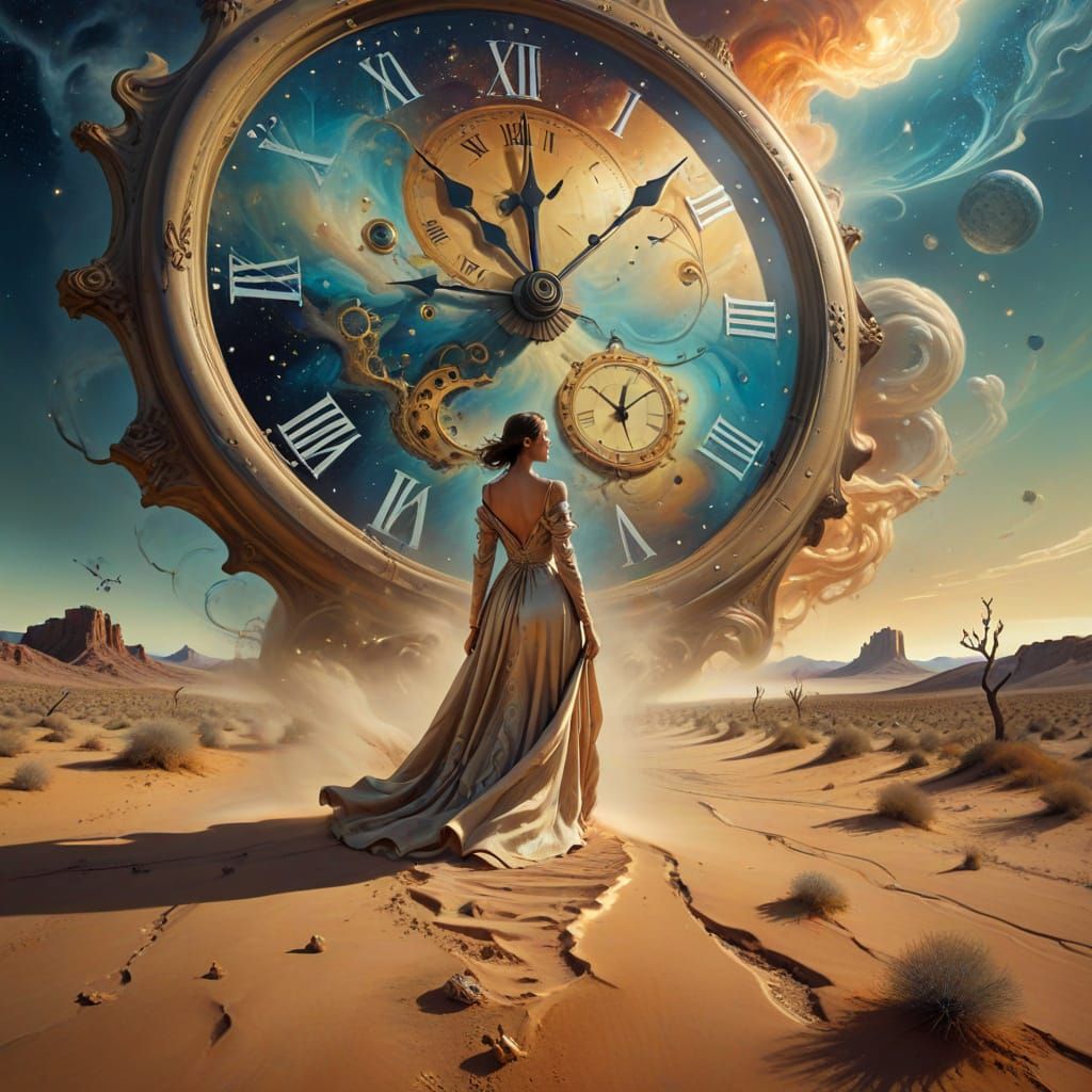 Surreal Desert Scene with Melting Clocks and Nebula Sky