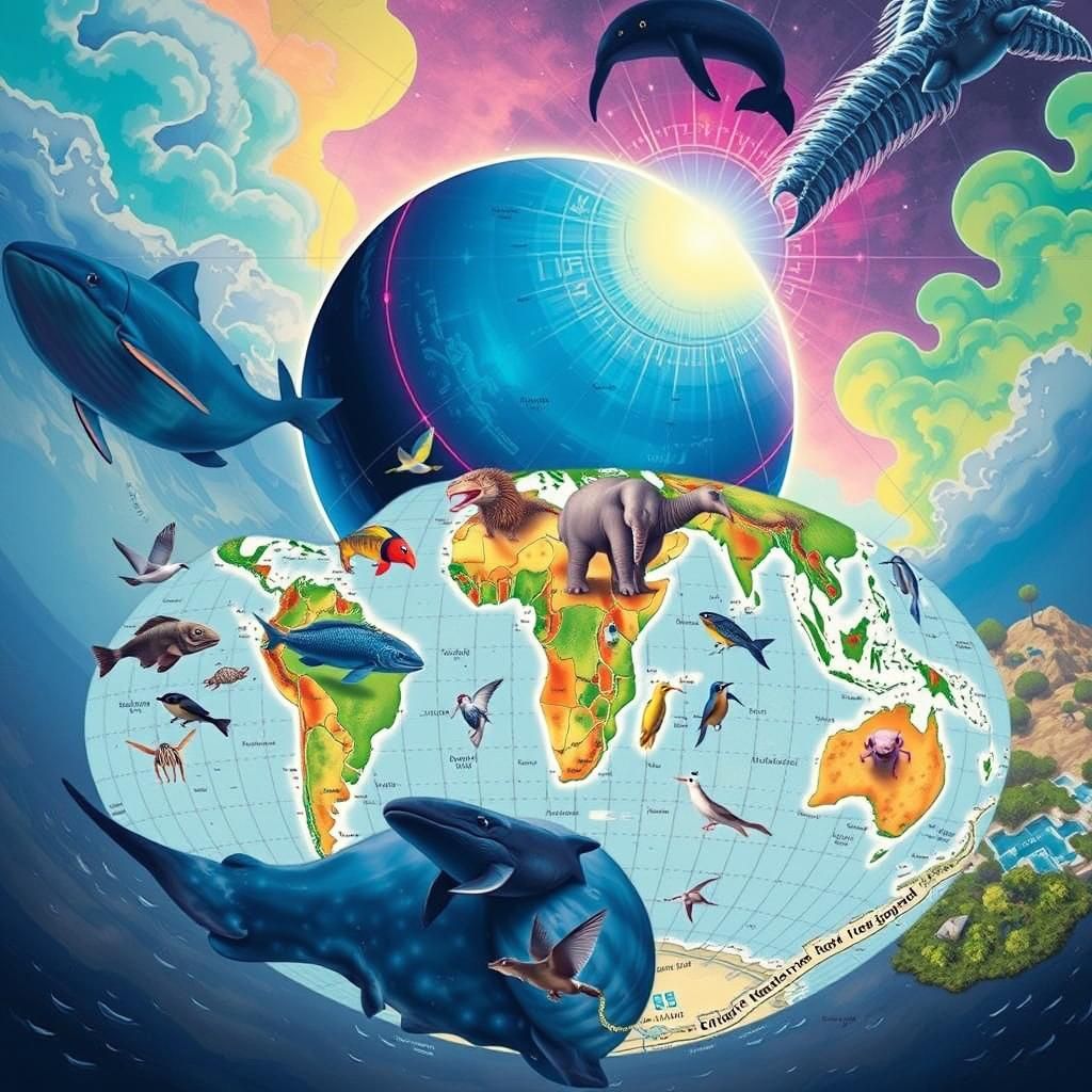 Vivid Biogeography Map with Animals and Cryptids