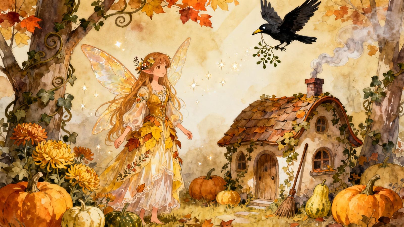 Whimsical Autumn Fairy Enchanted Cottage Watercolor Illustra...
