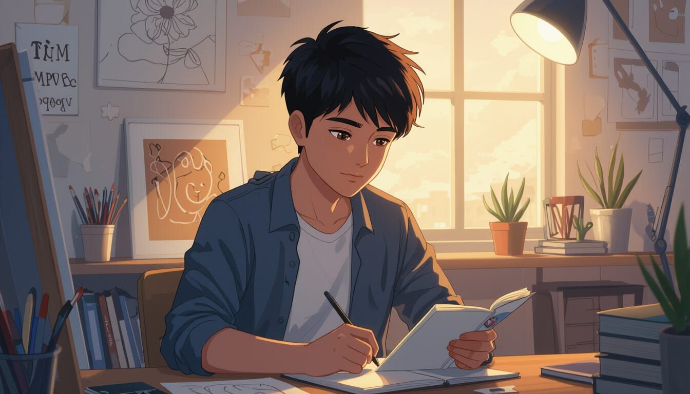 Thoughtful Young Artist in Studio at Night