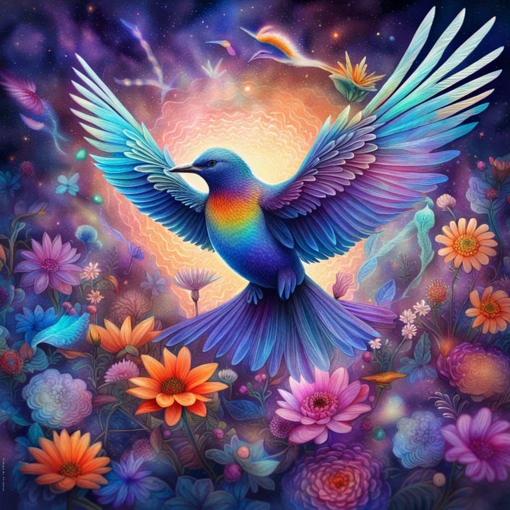 Floral Bird: Holographic Cosmic Illustration