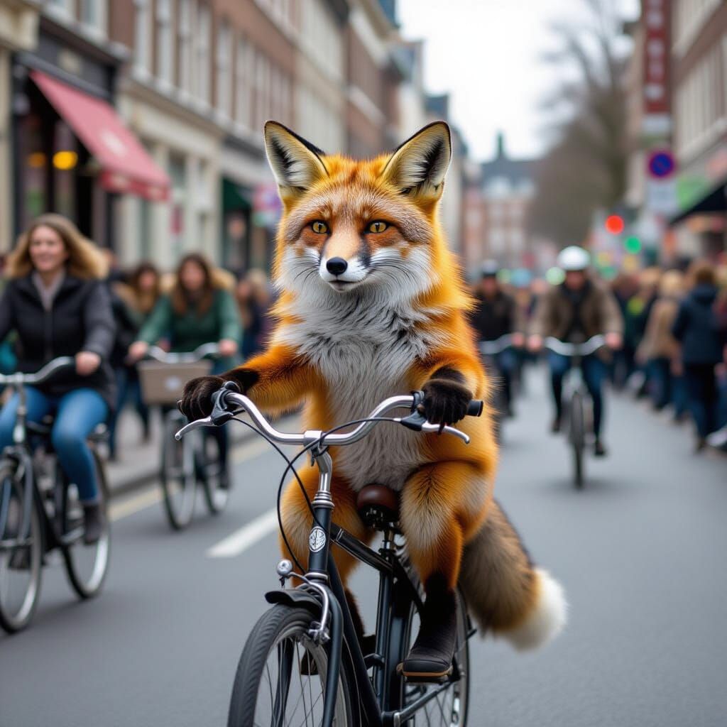 Annoyed Fox Rides Bicycle Through Busy City