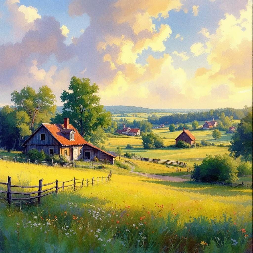 Swedish Farm in Impressionist Gouache and Watercolor Style