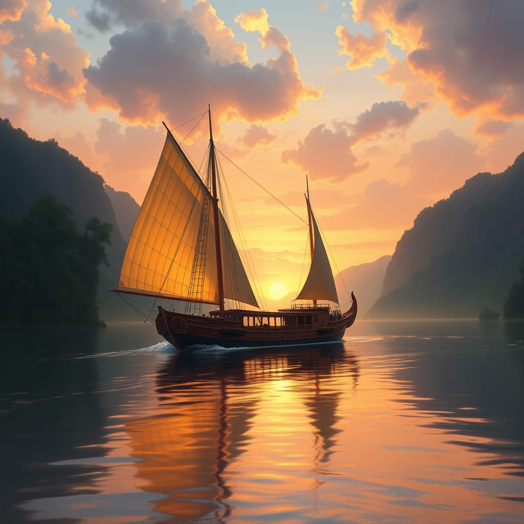 Majestic River Boat Sails Down Vast Tranquil River
