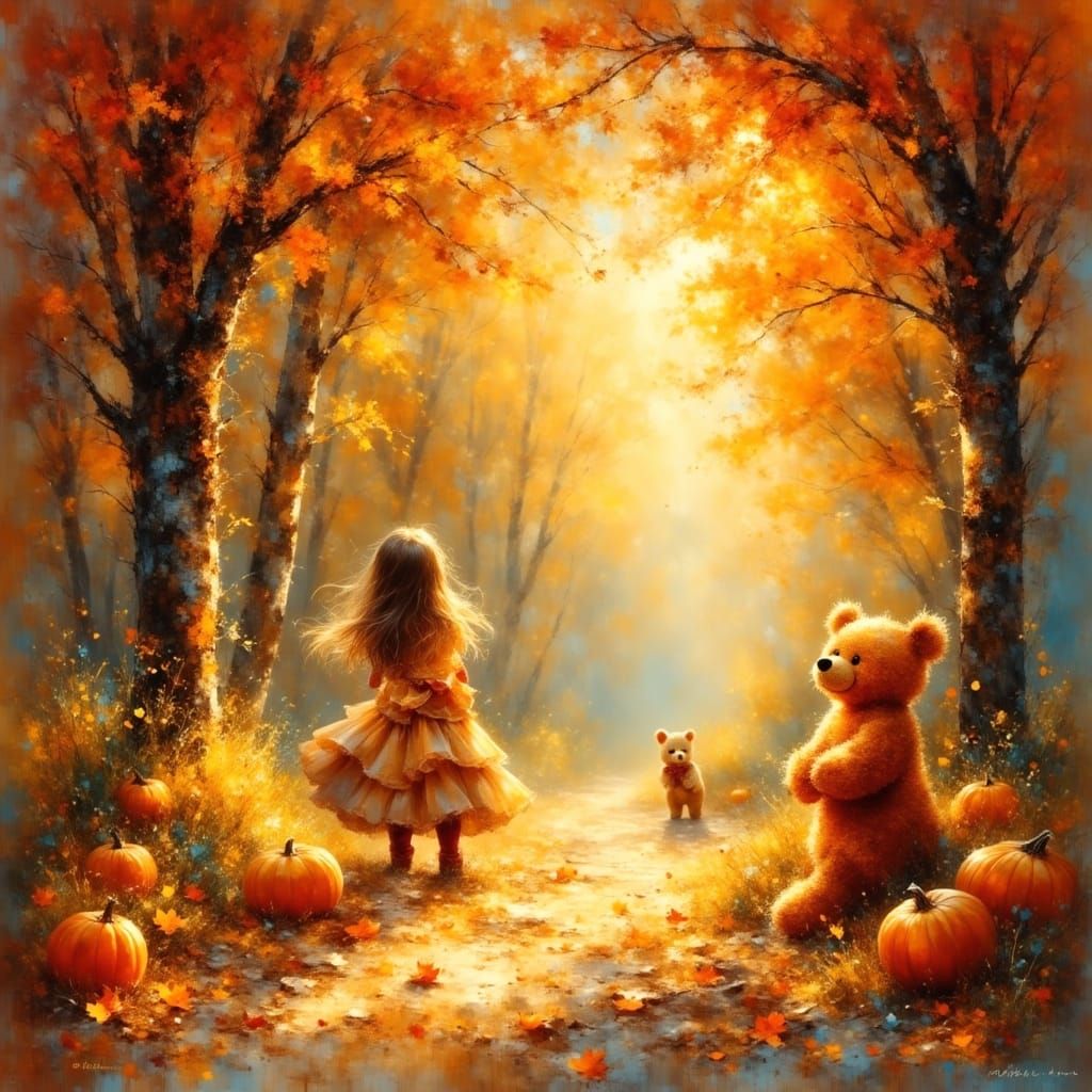 Whimsical Autumn Scene with Gummy Bears in Golden Hour Light