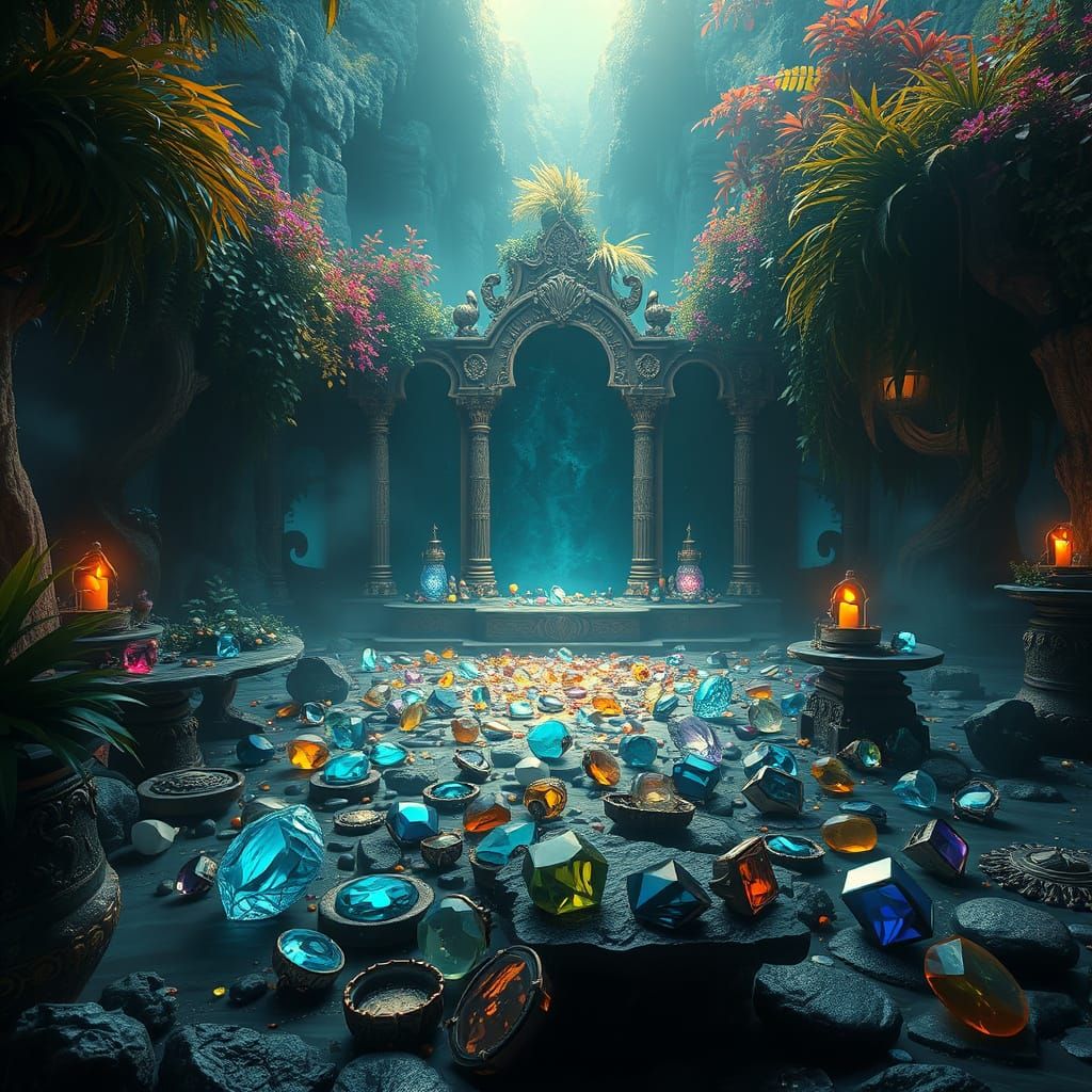 Mystical Jewel Altar in Vibrant Fantasy Landscape