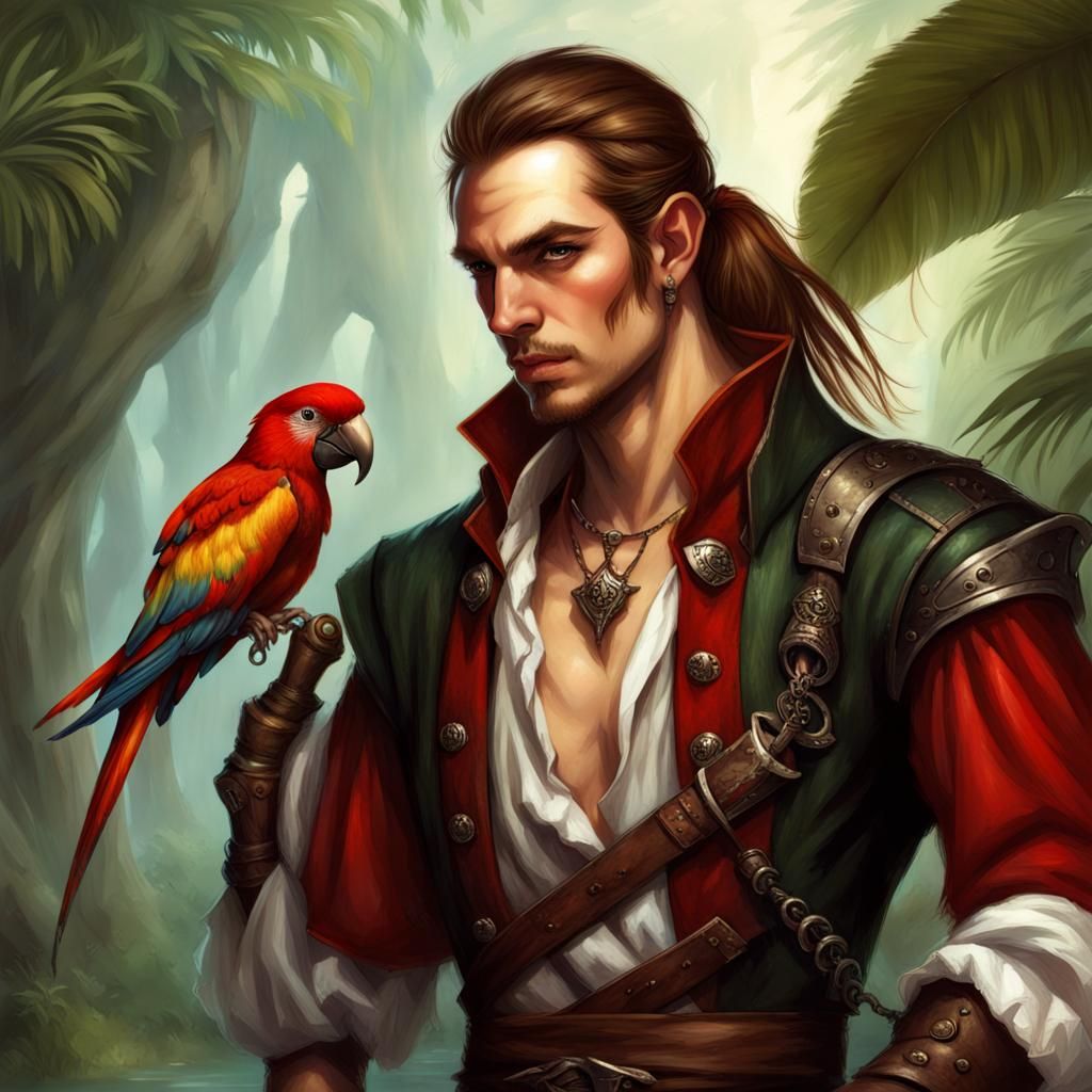 Fantasy Art: Elf Pirate with Parrot