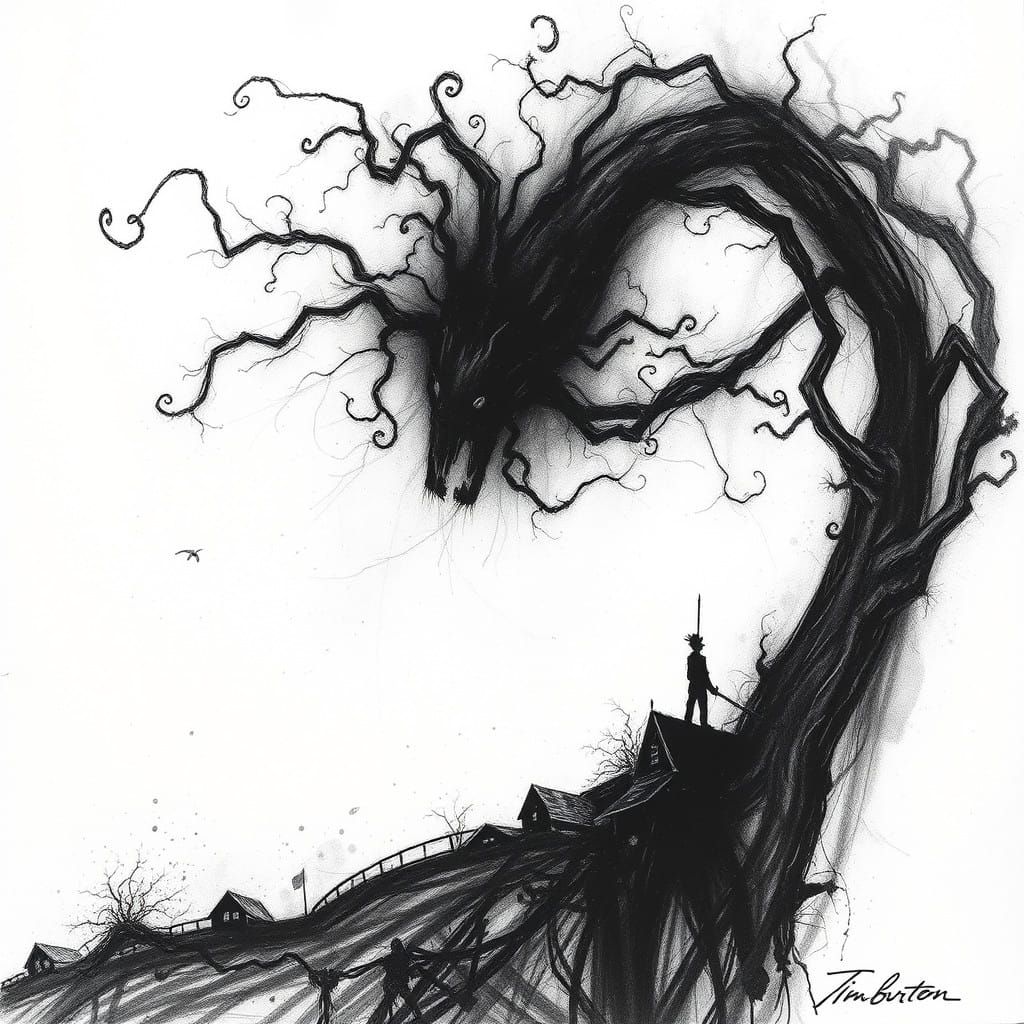 Dark Fantasy Portrait in Tim Burton Style Charcoal Drawing