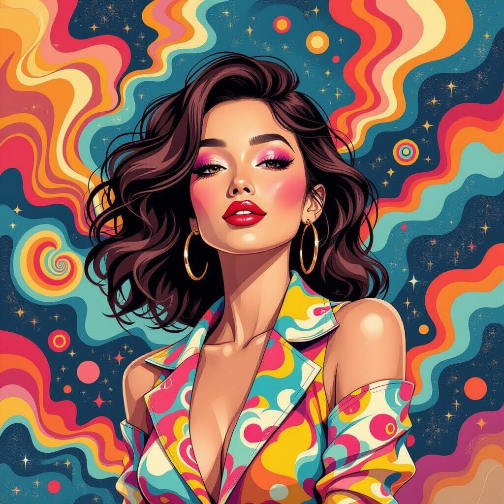 Playful Woman in Swirling Abstract Shapes