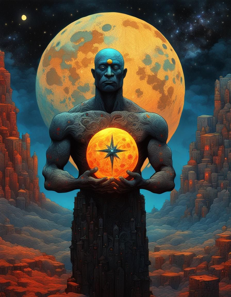 Muscular Moon God Holding a Star in Decoupage Art