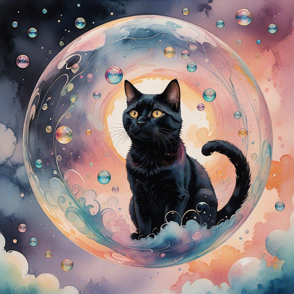 Black Cat in Bubble Floating Skyward: Watercolor Art