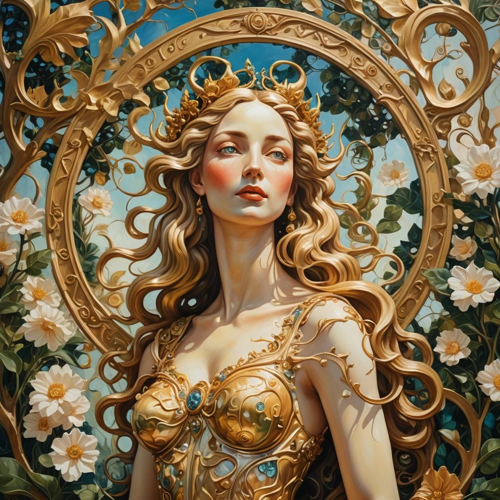 Venus in Surreal Garden as Impasto Oil Painting