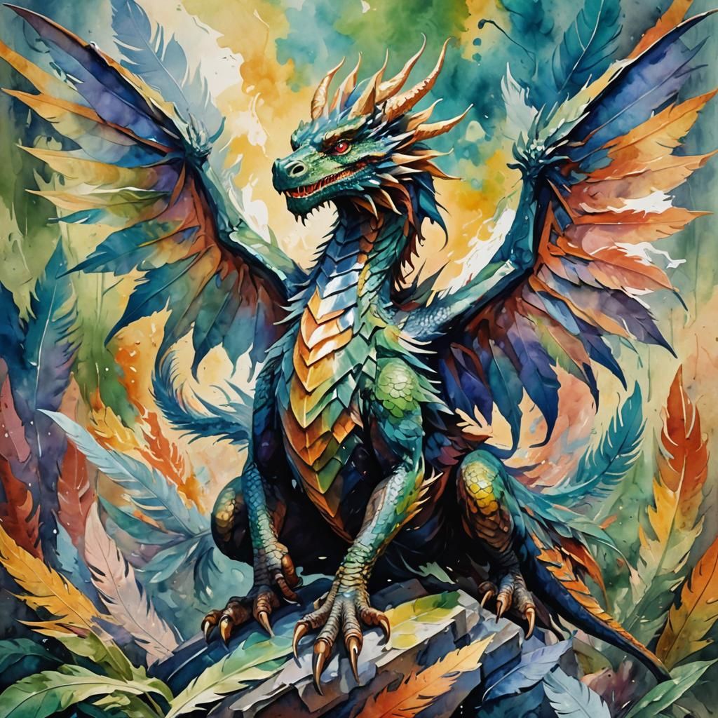 Feathered Dragon in Gouache Watercolor Impressionism