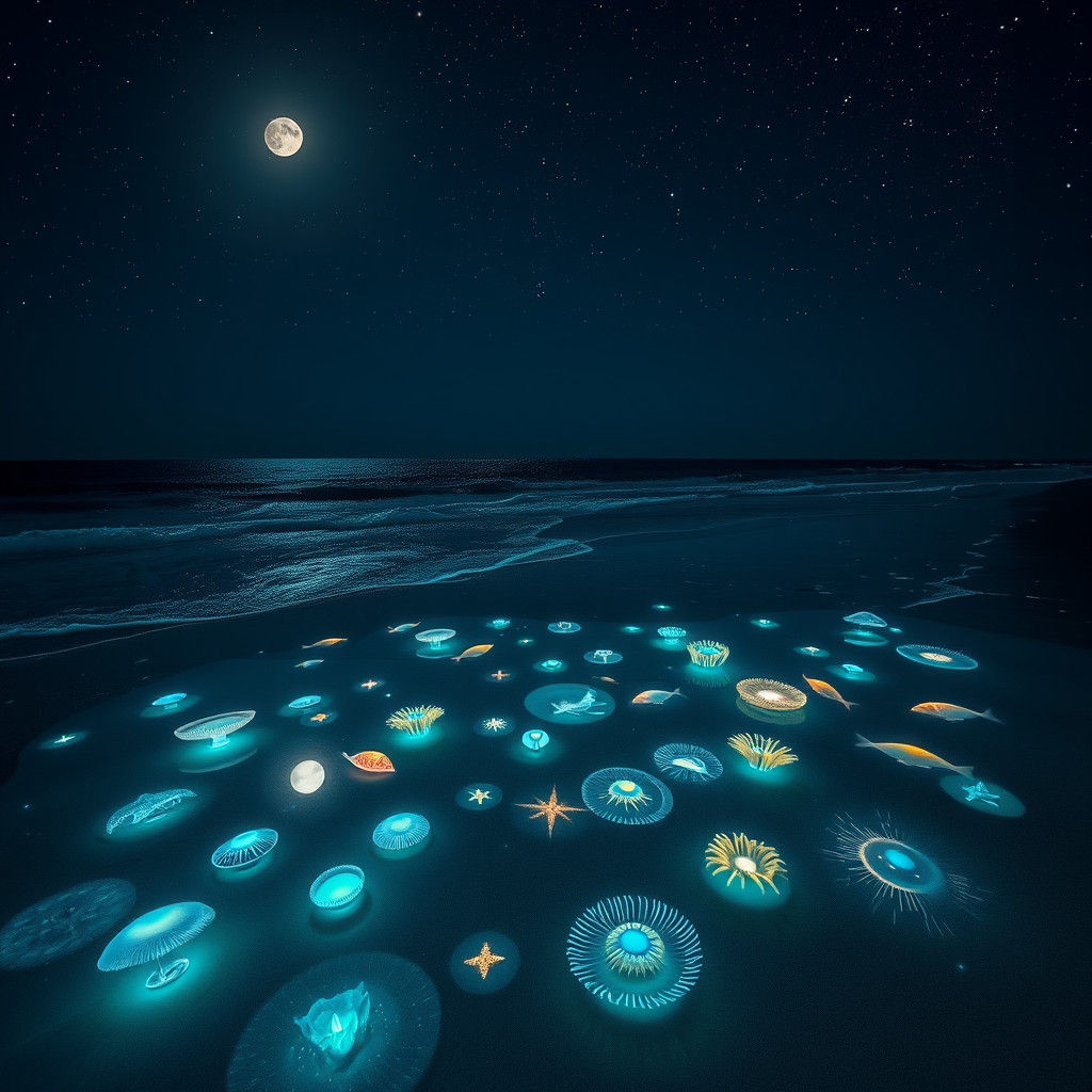 Cosmic Bioluminescence on a Moonlit Beach